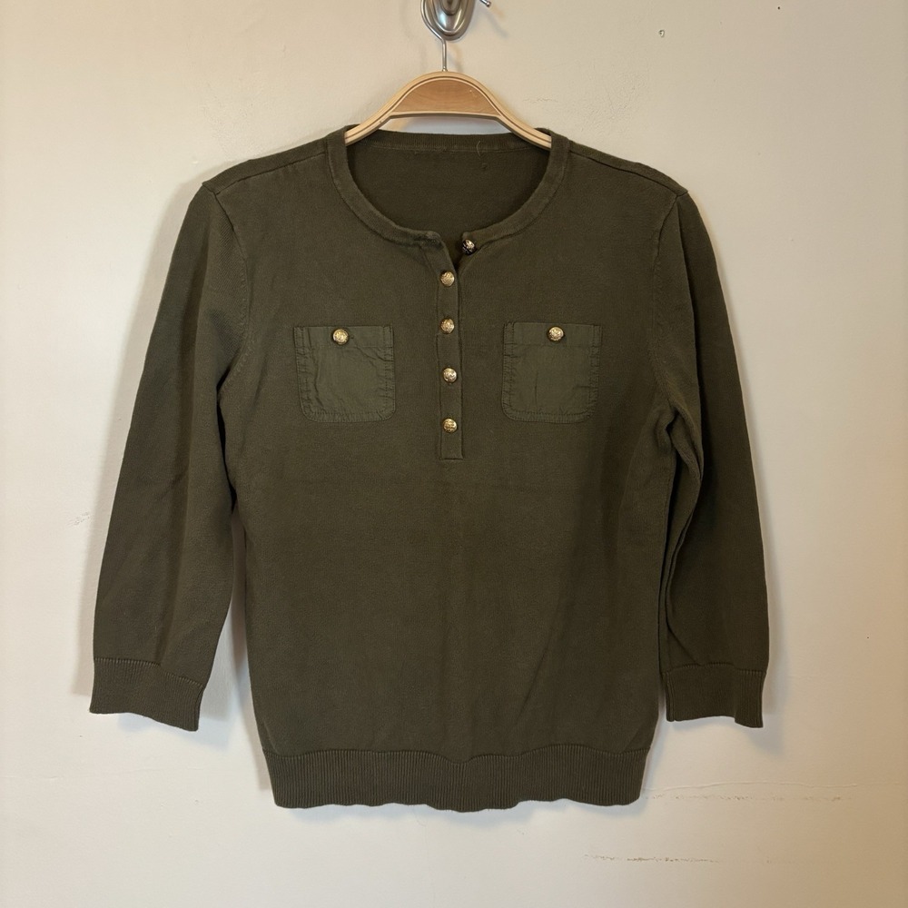 Lauren Ralph Lauren Henley Sweater Gold Buttons Medium Old Money Preppy Green‎